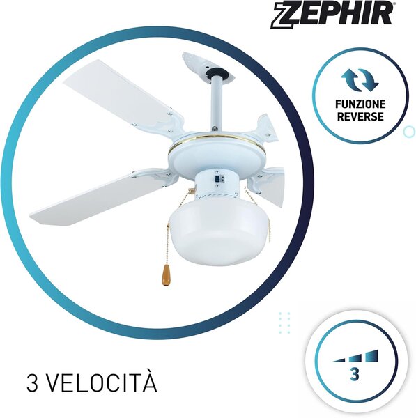 Zephir Ventilatore da Soffitto con Luce Lampadario Ventilatore 4 Pale Diametro 107 cm 3 Velocit - ZFS9107B