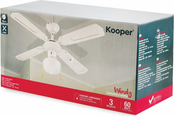 Kooper Ventilatore da Soffitto con Luce Lampadario Ventilatore 4 Pale 60W Bianco - 2160663 Windy