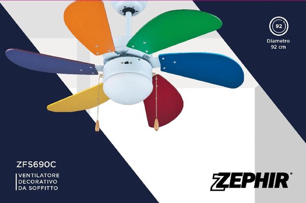 Zephir Ventilatore da Soffitto con Luce Lampadario Ventilatore 6 Pale Diametro 90 cm 3 Velocit - ZFS690C