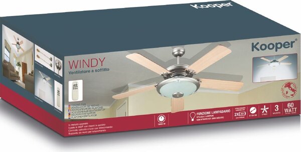 Kooper Ventilatore da Soffitto con Telecomando con Luce Lampadario Ventilatore 5 Pale Legno - 2193207