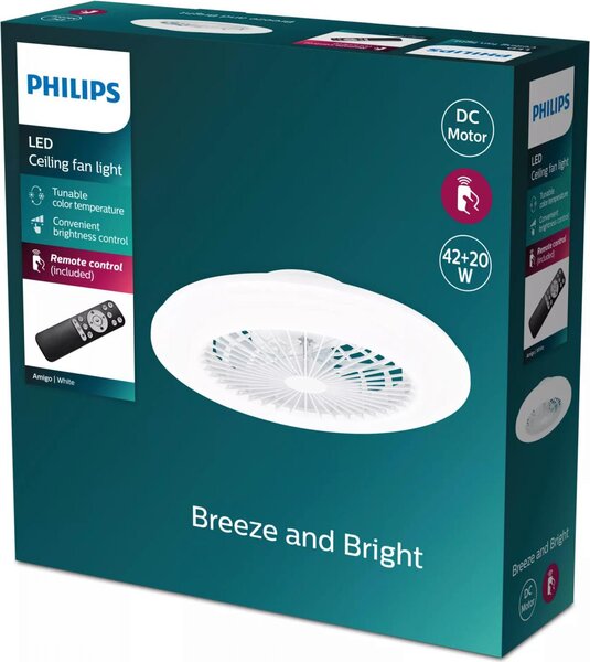 Philips Ventilatore da Soffitto con Telecomando con Luce Lampadario Ventilatore 7 Pale Potenza 62 Watt colore Bianco - Amigo 42+20 W