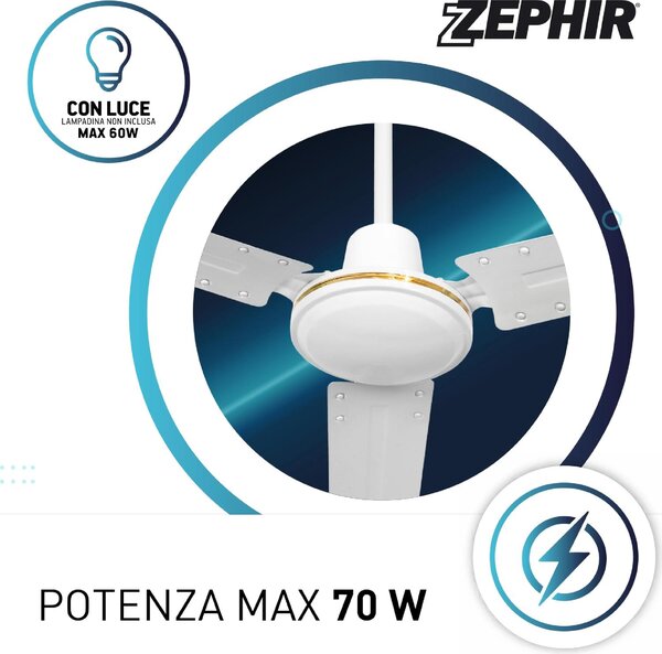 Zephir Ventilatore da Soffitto senza Luce 3 Pale 120 cm 5 Velocit con Comandi a muro - ZFS8120