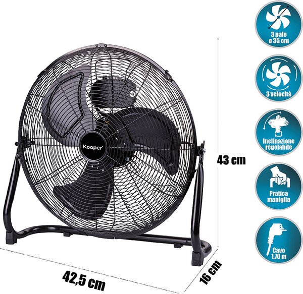 Kooper Ventilatore Industriale Box Fan 3 Pale Potenza 70 Watt 3 Velocit 35 cm in Acciaio colore Nero