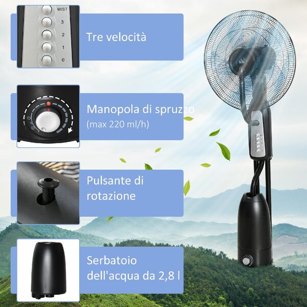 DecHome Ventilatore Nebulizzatore 90W a 4 Ruote con Serbatoio 2.8 Litri e 4 Velocit in Metallo PE e ABS 44.5x38.5x120 cm - 52O010