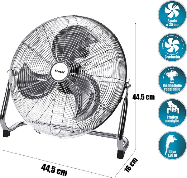 Kooper Ventilatore Industriale Box Fan 3 Pale Potenza 70 Watt 3 Velocit 35 cm in Acciaio colore Silver