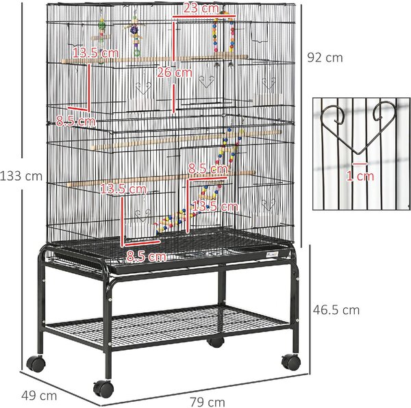 AllMyPets Voliera Gabbia per Uccelli in Acciaio con Posatoi Giochi Contenitori per Cibo e Vassoio 79x49x133 cm Nero