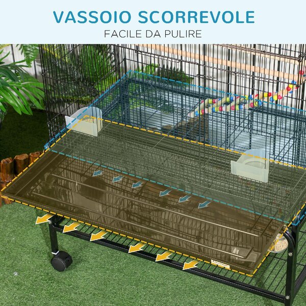 AllMyPets Voliera Gabbia per Uccelli in Acciaio con Posatoi Giochi Contenitori per Cibo e Vassoio 79x49x133 cm Nero