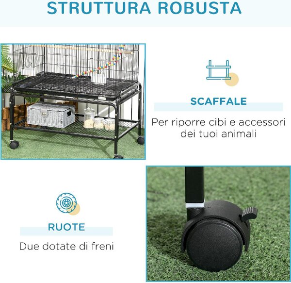 AllMyPets Voliera Gabbia per Uccelli in Acciaio con Posatoi Giochi Contenitori per Cibo e Vassoio 79x49x133 cm Nero