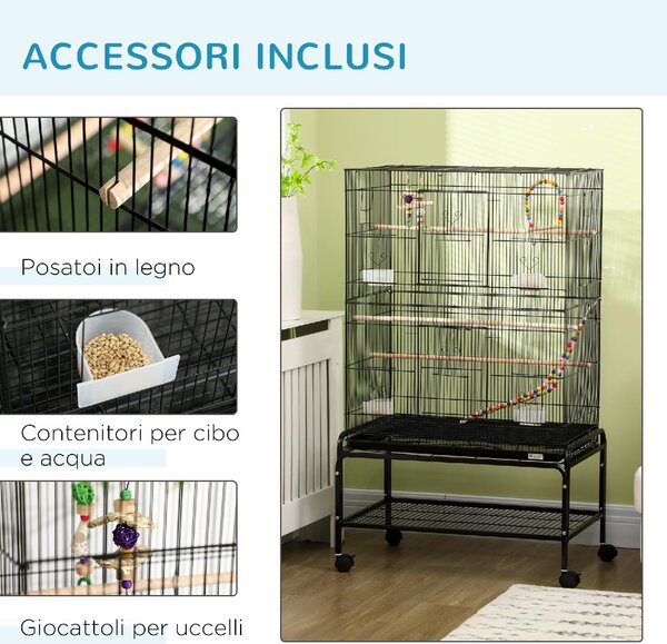 AllMyPets Voliera Gabbia per Uccelli in Acciaio con Posatoi Giochi Contenitori per Cibo e Vassoio 79x49x133 cm Nero