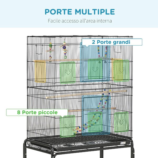 AllMyPets Voliera Gabbia per Uccelli in Acciaio con Posatoi Giochi Contenitori per Cibo e Vassoio 79x49x133 cm Nero