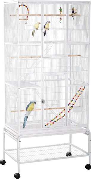 AllMyPets Voliera Gabbia per Uccelli in Acciaio e PP con Posatoi Giochi Contenitori per Cibo e Vassoio 83x53x180 cm Bianco