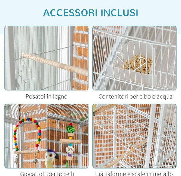 AllMyPets Voliera Gabbia per Uccelli in Acciaio e PP con Posatoi Giochi Contenitori per Cibo e Vassoio 83x53x180 cm Bianco