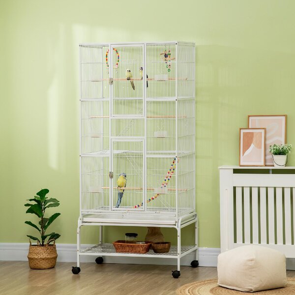 AllMyPets Voliera Gabbia per Uccelli in Acciaio e PP con Posatoi Giochi Contenitori per Cibo e Vassoio 83x53x180 cm Bianco
