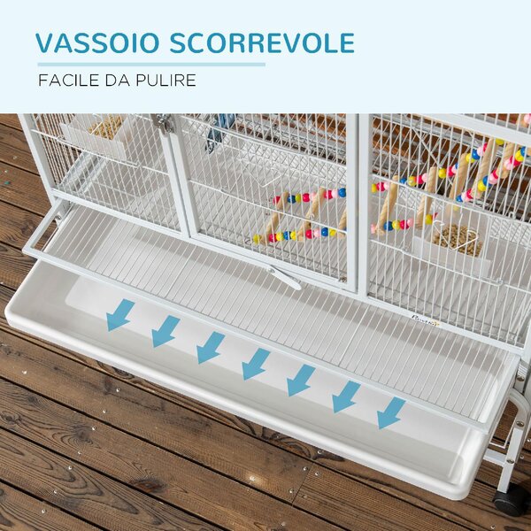 AllMyPets Voliera Gabbia per Uccelli in Acciaio e PP con Posatoi Giochi Contenitori per Cibo e Vassoio 83x53x180 cm Bianco