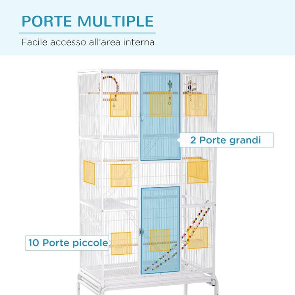 AllMyPets Voliera Gabbia per Uccelli in Acciaio e PP con Posatoi Giochi Contenitori per Cibo e Vassoio 83x53x180 cm Bianco
