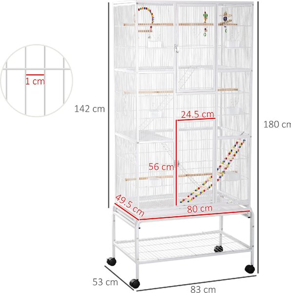 AllMyPets Voliera Gabbia per Uccelli in Acciaio e PP con Posatoi Giochi Contenitori per Cibo e Vassoio 83x53x180 cm Bianco