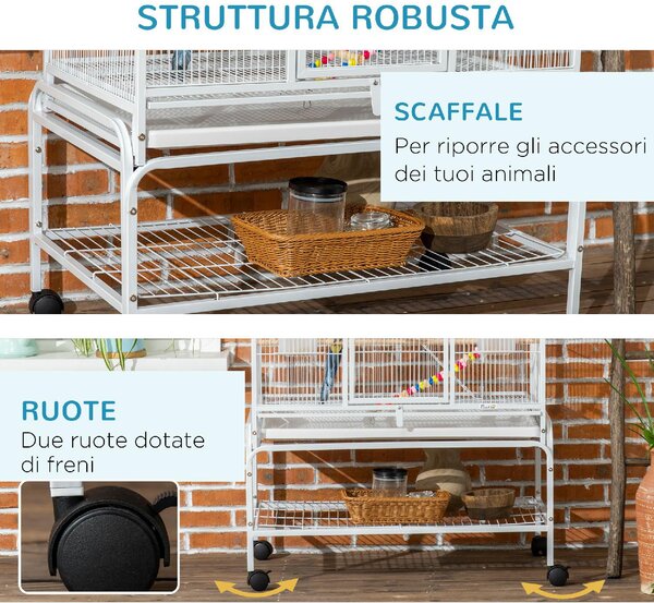 AllMyPets Voliera Gabbia per Uccelli in Acciaio e PP con Posatoi Giochi Contenitori per Cibo e Vassoio 83x53x180 cm Bianco