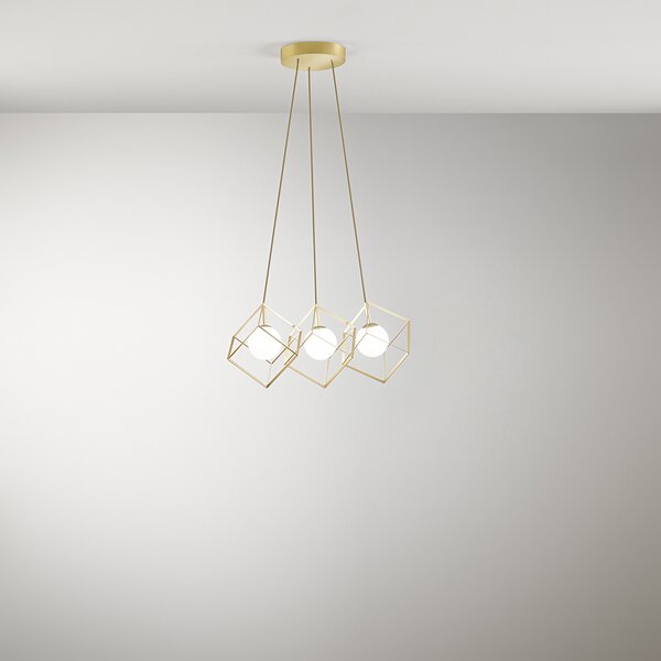 Lampadario Contemporaneo Cube Metallo Oro Vetro 3 Luci G9