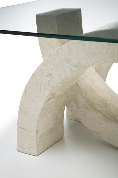 Tavolino Olimpia Stone Decor E5 - 120x70xH41 cm, Vetro Trasparente, Gambe Beige in Pietra Fossile White Agata, Top in Vetro Temperato Filo Lucido