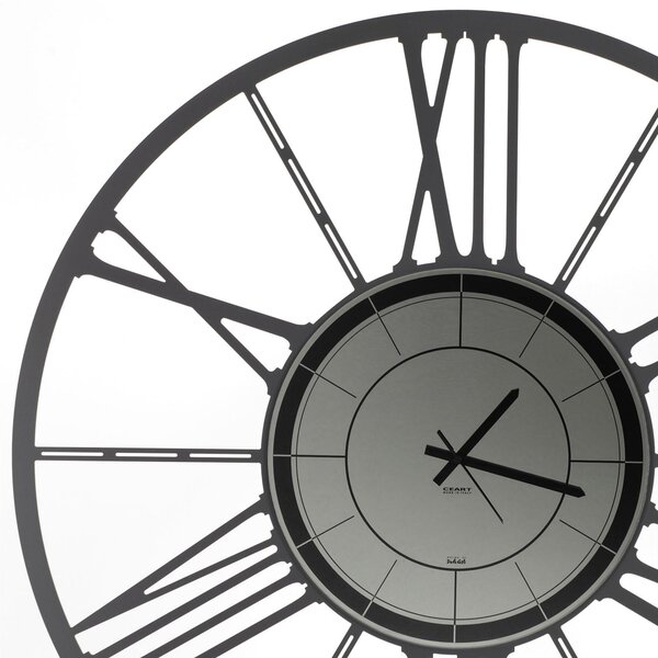 Orologio da parete in Metallo RUOTA 80 con quadrante in Vetro specchio Nero Fume' Dimensioni 80 cm lancette NERE, Numeri Romani realizzato colore grigio Marmo