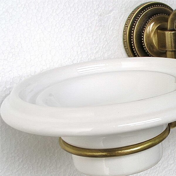 Porta Sapone pi� porta bicchieri Sospeso in Ottone con Bicchiere in Ceramica Dimensione 14x20xh 10 cm, Linea FLORENCE bicchiere in ceramica Bronzo Satinato