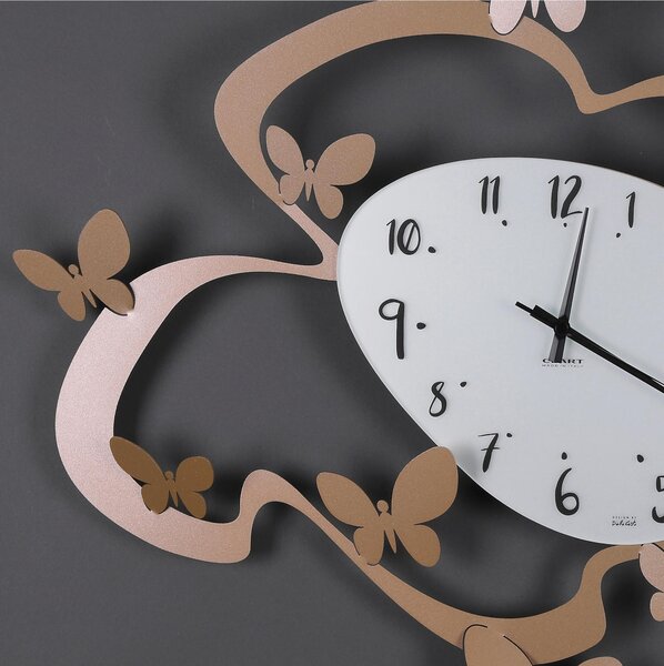 Orologio Da Muro Struttura in metallo e quadrante in vetro FARFALLE Dimensioni 71x61 cm lancette Colore nero , Con Farfalle A rilievo realizzato in Oro Metallizzato