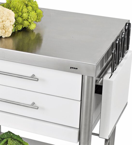 Carrello da cucina in pietra acrilica bianca della serie Auxilium con due ripiani con 2 cassetti, dimensioni 70x50x h 90 cm peso 50 kg con tagliere in acciaio inox