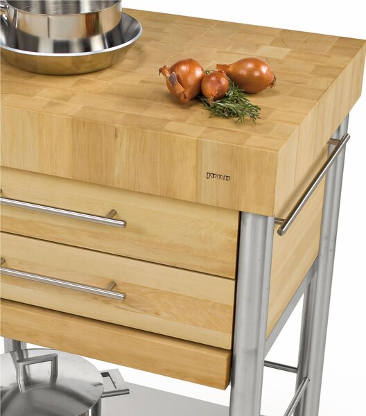 Carrello da cucina in carpino bianco della serie Auxilium con due cassetti due piani, dimensioni 70x50x h 95 cm peso 89 kg con tagliere piano di lavoro carpino bianco listellare