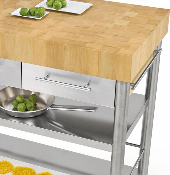 Carrello da cucina in carpino bianco tassellato con cassetto due piani, dimensioni 100x60x h 90 cm peso 89 kg con tagliere piano di lavoro carpino bianco listellare
