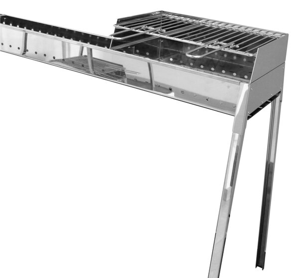 Canalina arrosticini con barbecue a Carbonella 50-70 Spiedini per volta in Acciaio MIAMI GRILL 1200-400 Dimensione 160x30xh 83 cm In acciaio INOX AISI 430 Peso13 kg inox lucido