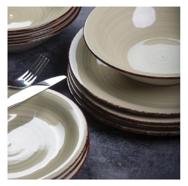 Set 6 piatti fondi, 4 Toni In gres dipinto a mano (stoneware) Con bordino marrone Misure: � 21,2 x h. 5,5 cm Lavabili in lavastoviglie Utilizzabili in microonde Colore: sabbia