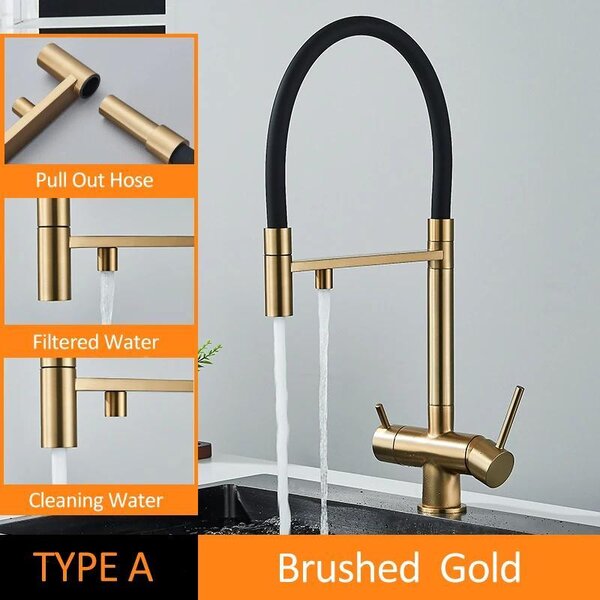 Rubinetto da cucina per filtro dell'acqua potabile - A scomparsa, a due maniglie - Bocca separata per l'acqua filtrata - Caldo/freddo - Ottone, cartuccia in Vetroceramica - Installazione a foro singolo - Oro spazzolato