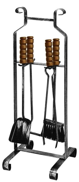 Gruppo per camino in Ferro battuto pomolo in Ottone Dimensione h 75 cm - Peso 2,9 kg 5 pezzi manicatura in legno lavorazione artigianale in stile classico made In Italy