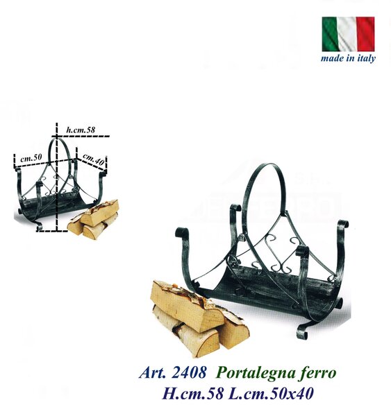 Portalegna con Manico circolare in ferro 50x40x h 58 cm - il trasporto della legna del camino , manicatura in ferro -Omaggio pinza da fuoco