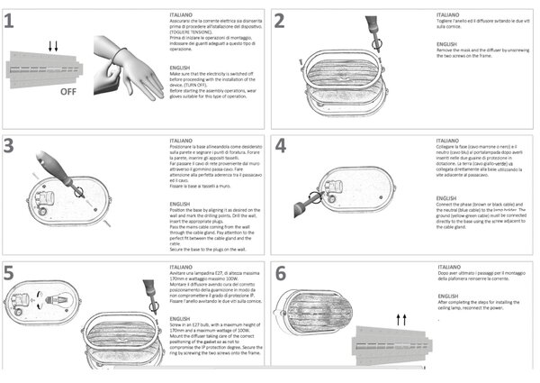Plafoniera in termoplastico Piccola INDUSTRIALE OVALE Senza Gabbia in alluminio Dimensioni 2,13x8,8xh 10,7 cm - E 27 IP 54 Diffusore in vetro stampato trasparente Nero