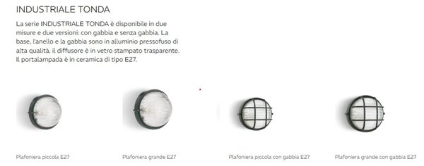 Plafoniera in termoplastico Grande INDUSTRIALE TONDA CON GABBIA in alluminio Dimensioni 25,6x h 11 cm - E 27 IP 54 Diffusore in vetro stampato trasparente Nero