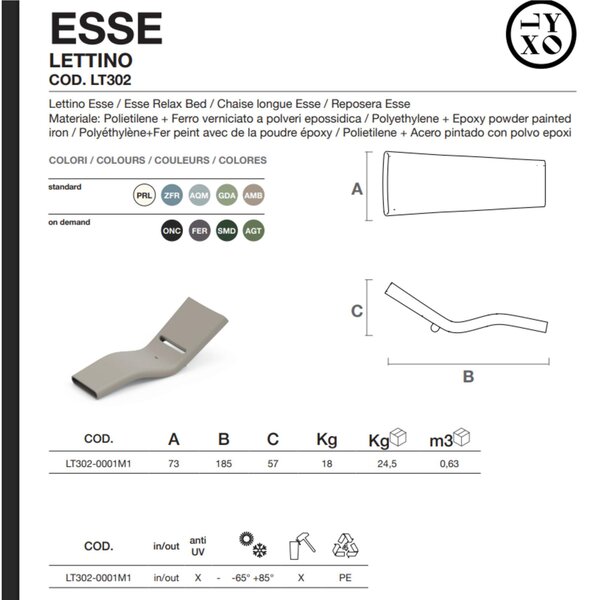 Lettino realizzato in resistente polietilene ESSE Dimensioni 185x73x57 cm -struttura ergonomica pu� essere immerso nell'acqua colore Onice
