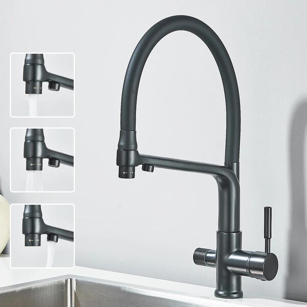 Rubinetto da cucina - Rubinetto 2 in 1 - Bocchello per acqua filtrata - A due maniglie - Orientabile a 360° - Doccetta estraibile - Montaggio monoforo - Nero opaco