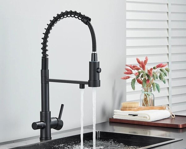 Rubinetto da cucina con filtro per l'acqua - Miscelatore 2 in 1 - Per acqua filtrata - Due maniglie - Doccetta estraibile - Monoforo, montaggio a filo - Ottone, valvola in Vetroceramica - Nero opaco