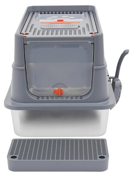 Lettaia per gatti - Modello chiuso - Acciaio inossidabile - Capacità 26 L - Protezione antispruzzo - Sistema anti-odore - Con paletta - Coperchio ribaltabile - Grigio
