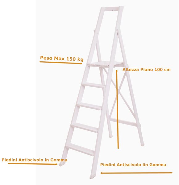 Scala Cinque gradini richiudibile BIBO 5 in Faggio Massello Dimensioni H100 cm 54x11x188 cm Peso 9 Kg Con Tascone Porta Attrezzi Bianca Laccata