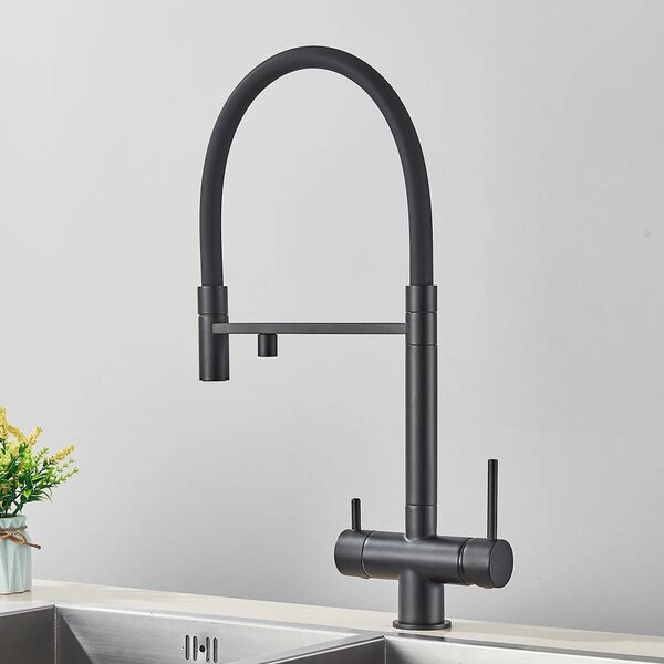 Rubinetto da cucina per acqua filtrata - Miscelatore 2 in 1 - Doccetta estraibile - Orientabile a 360° - Due maniglie - Montaggio monoforo - Ottone - Nero opaco