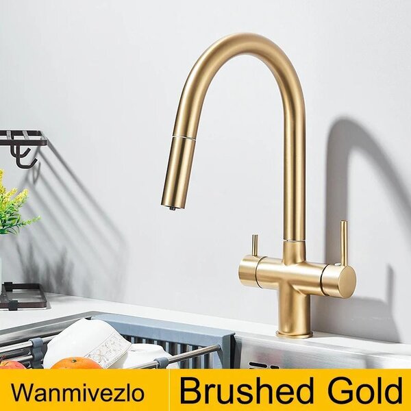 Rubinetto da cucina - Miscelatore caldo/freddo - Orientabile a 360° - A due maniglie - Montaggio a filo - A foro singolo - Cartuccia in Vetroceramica - Ottone - Oro spazzolato