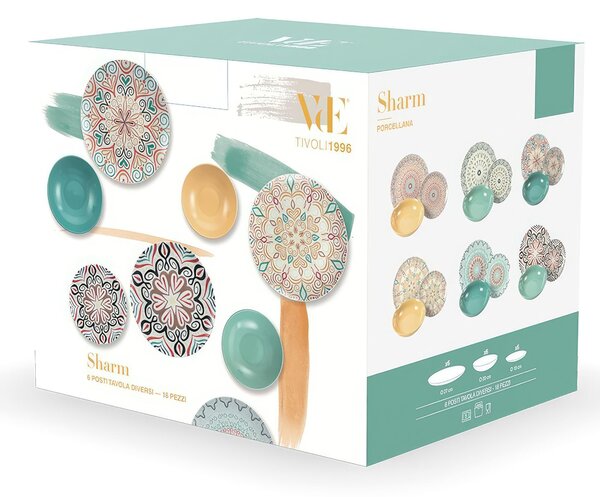 Servizio Piatti Set 6 posti tavola 18 pezzi LInea SHARM , in PORCELLANA 6 posti tavola diversi adatto alla lavastoviglie