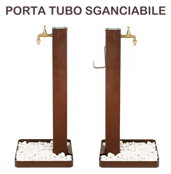 Fontana Decorativa Giardino Corten con Rubinetto e SASSI Dimensioni 40x40xh 100 cm con tubo rubinetto flessibile e Gomito resistente al gelo colore Corten