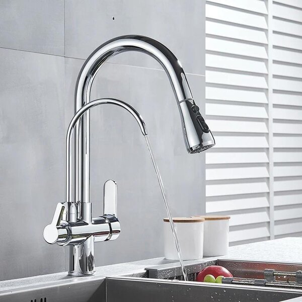 Rubinetto da cucina con filtro per l'acqua - Miscelatore estraibile a due maniglie - Acqua calda e fredda - Montaggio a foro singolo - Cartuccia in Vetroceramica - Orientabile a 360° - Cromo