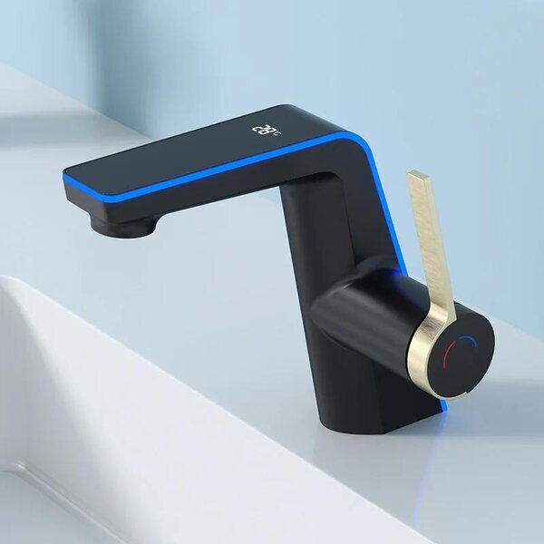 Miscelatore per lavabo da bagno - Rubinetto LED con indicatore di temperatura - 2 tipi di getto - Miscelatore acqua calda/fredda - Monocomando, montaggio a incasso - Nero