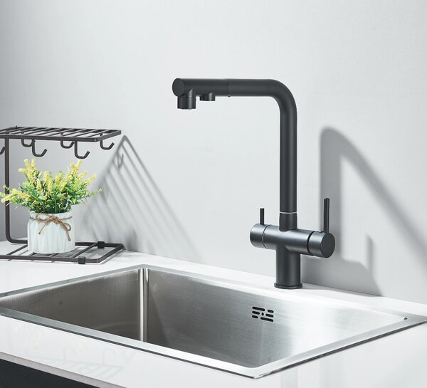 Miscelatore da lavello con filtro - Miscelatore da cucina estraibile - Acqua calda e fredda - Orientabile a 360° - Due maniglie - Installazione monoforo - Bocca per acqua filtrata - Nero opaco