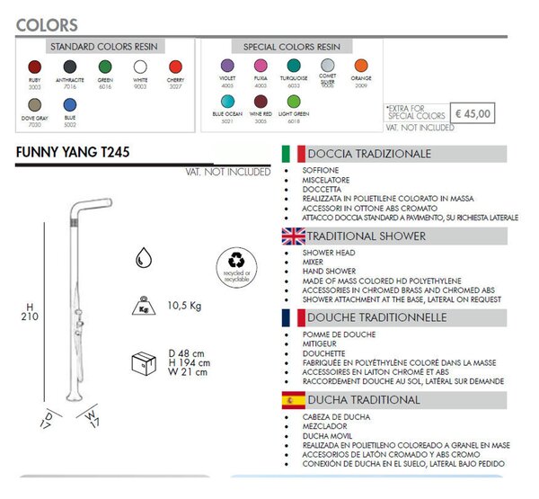 Doccia da Esterno Tradizionale FUNNY YANG CON DOCCINO ESTRAIBILE ROSSO, per Giardino Dimensioni 17x17x h 210 cm peso 9,5 kg, Miscelatore Arkema caldo freddo
