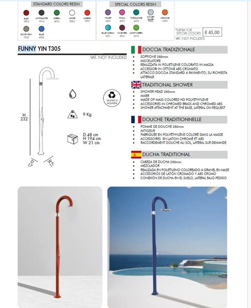 Doccia da Giardino Piscina in Resina FUNNY YIN RUBY Dimensioni 232x30x17 cm - peso 9,5 kg con Soffione 250 mm e Miscelatore Caldo-Freddo